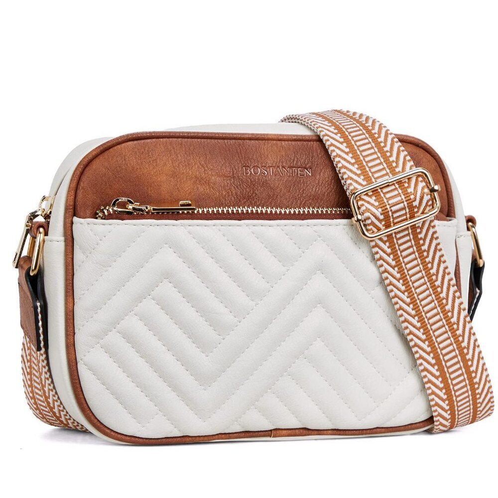 Vegan Leather Quilted Crossbody Bag with Wide Strap & Multiple Pockets